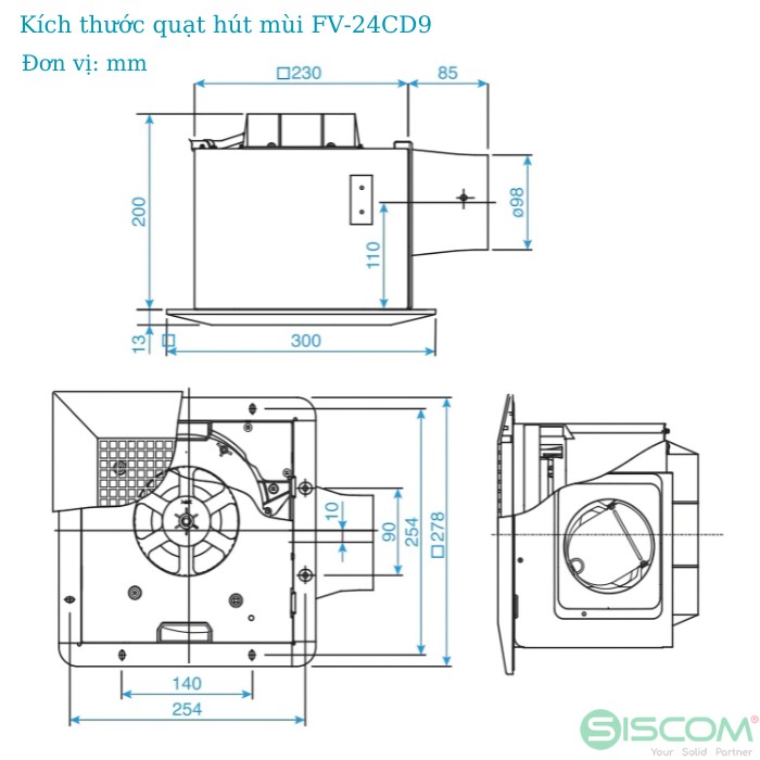 Quạt hút mùi nhà vệ sinh panasonic FV-24CD9 3 Kich Thuoc Quat Hut Mui Nha Ve Sinh FV 24CD9
